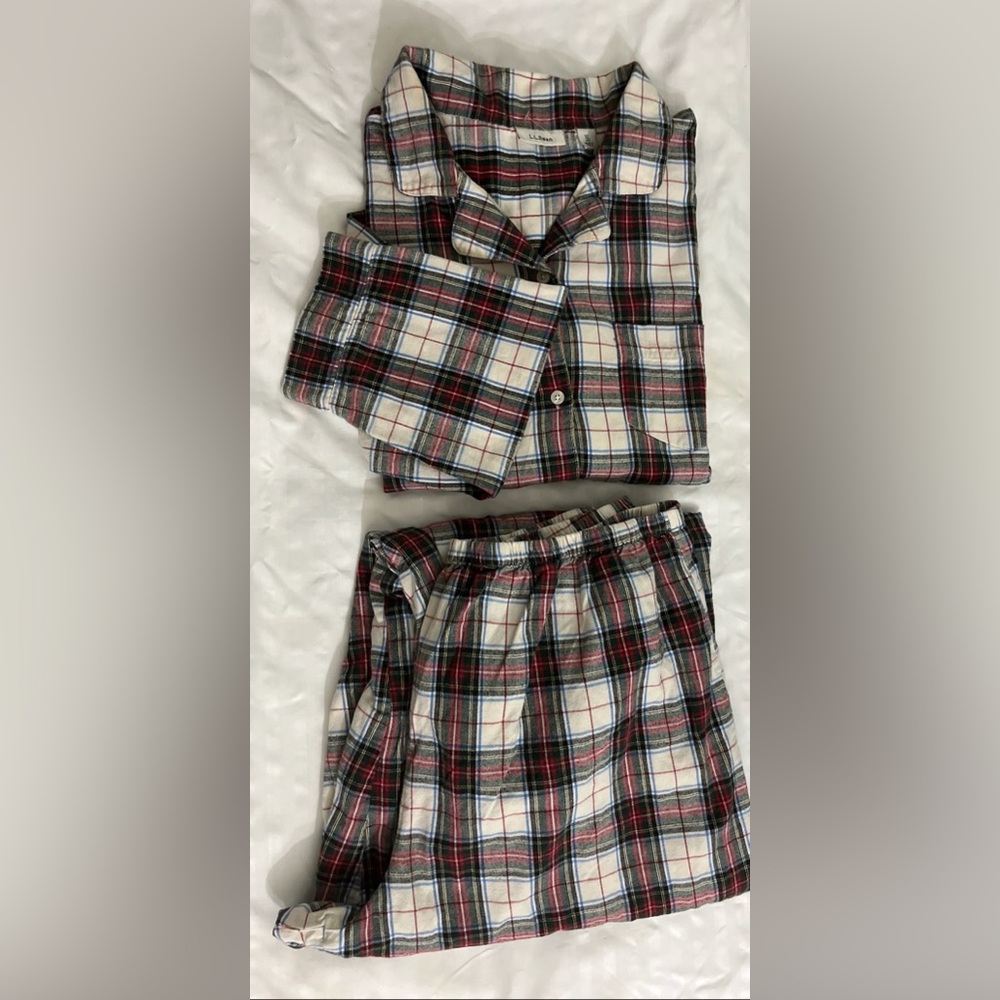 L.L. Bean Women’s Plaid Flannel Pajama Set in White, Red, Black